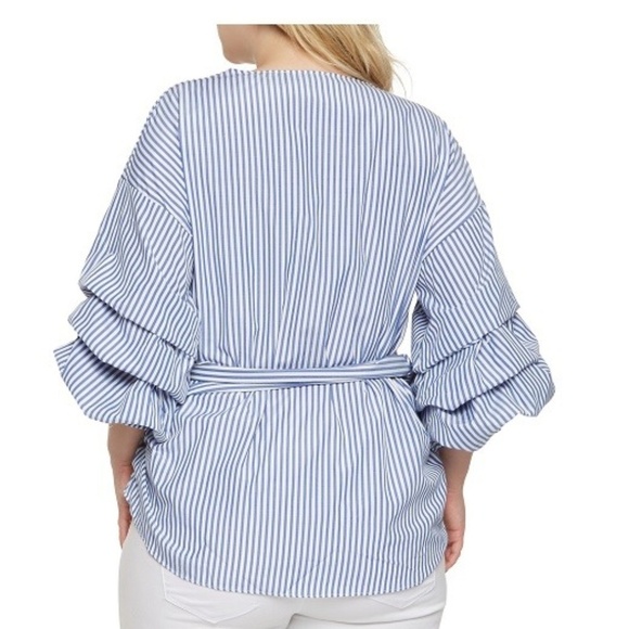 UPS & DOWNS STRIPED WRAP BLOUSE - BLUE PLUS SIZE 2X (NEW WITH TAGS) - Picture 2 of 2